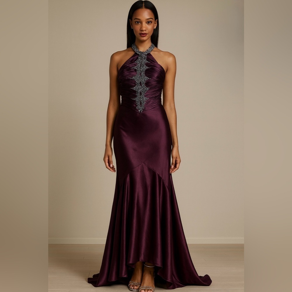 Y2K Evening Halter Gown Women’s Size 12 Small Purple Satin Beaded Prom Wedding